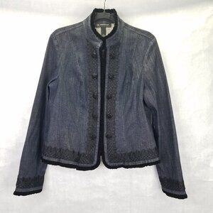 I.N.C. Jean Jacket Women's L Lace Velvet Beaded Button Hook Closure Denim VTG